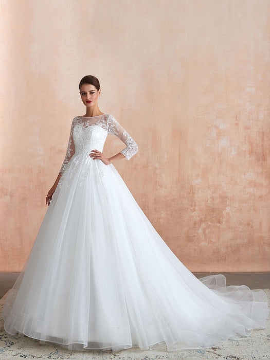 Wedding Gown 2021 3/4 Sleeve Jewel Neck Lace Appliqued Beaded Ball Gown Bridal Wedding Dress With Train