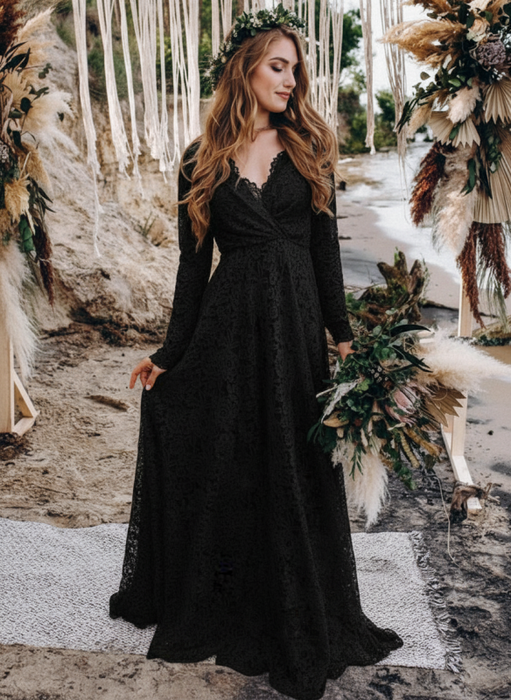 Wedding Gowns With Train V-Neck Long Sleeves Floor-Length Black Lace Bridal Gowns
