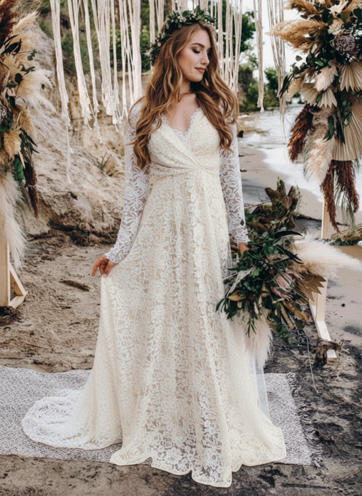Wedding Gowns With Train V-Neck Long Sleeves Floor-Length Ivory Lace Bridal Gowns