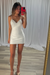 White Spaghetti Straps Satin Tight Short Homecoming Dress with Beadings