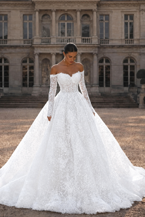 White Glitter Lace Ball Gown Wedding Dress with Sleeves Off-the-Shoulder Sweetheart Corset Bridal Gown
