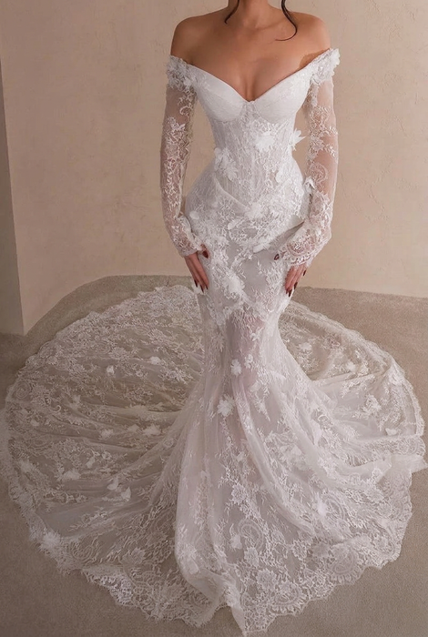 White Off-the-Shoulder Lace Mermaid Wedding Dress with Long Sleeves