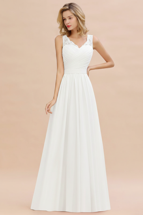 White Modest Floral Lace A-line Bridesmaid Dress V-Neck Floor Length Chiffon Wedding Guest Dress 