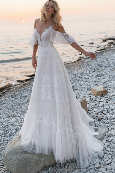 White boho wedding dresses a line deep v neck straps lace short sleeve