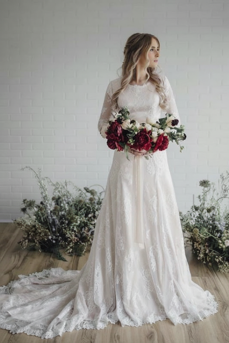 White A Line Long Sleeve Lace Vintage Wedding Dress - Wedding Dresses