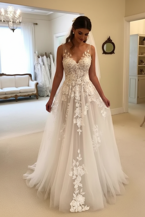 White A Line V Neck Lace Appliques Long Wedding Dresses Sleeveless
