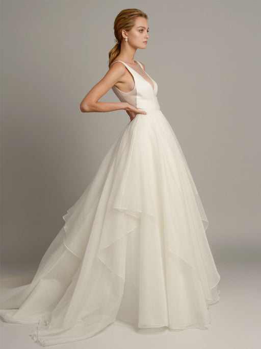 White A-line Wedding Dresses With Train Sleeveless Backless Natural Waist Tiered V-Neck Long Bridal Dresses