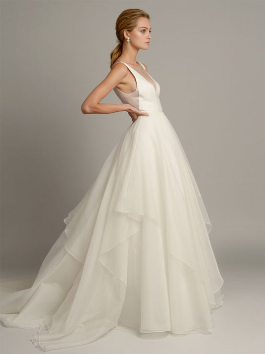 White A-line Wedding Dresses With Train Sleeveless Backless Natural Waist Tiered V-Neck Long Bridal Dresses