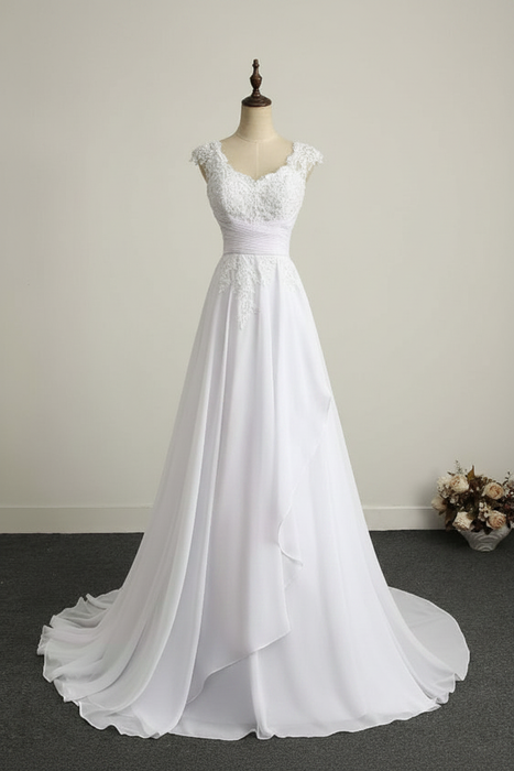 White Appliques V-Neck Lace-Up Chiffon Wedding Dresses - wedding dresses