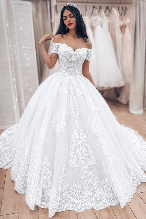 White Ball Gown Off the Shoulder with Lace Appliques Gorgeous Wedding Dress - Wedding Dresses