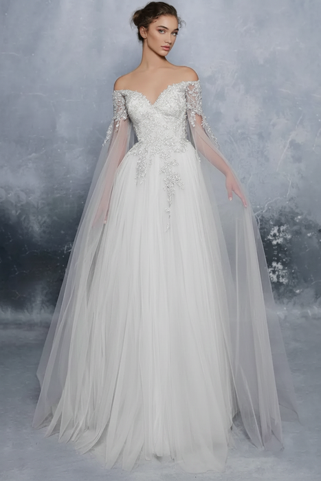White Evening Dress A-Line Bateau Neck Long Sleeves Tulle Floor-Length Formal Dinner Dresses
