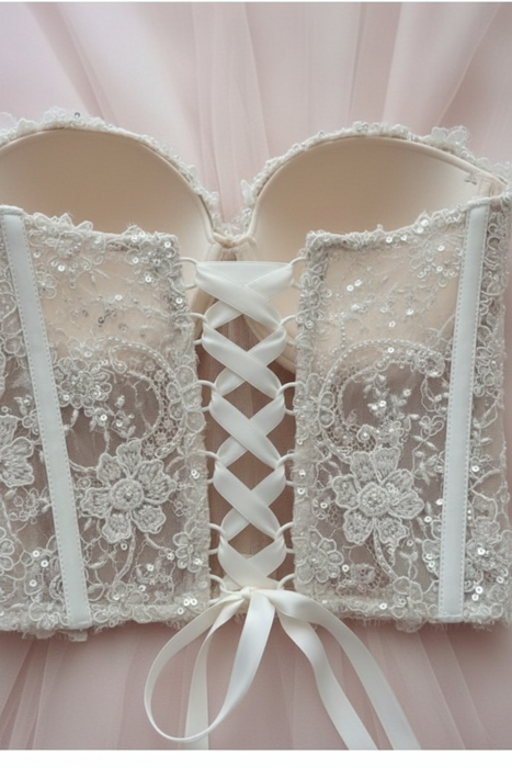 Sweetheart White Beadings Lace Corset Top Lace-up Closure Boning Corset Blouse