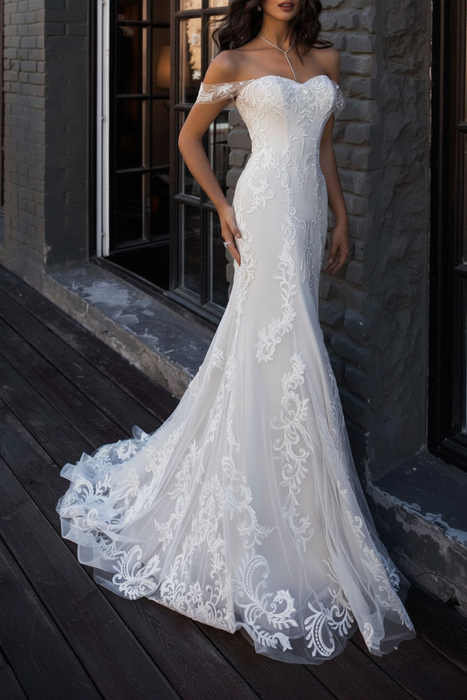 White boho wedding dresses mermaid off the shoulder lace short sleeve floor length bridal gown with sweep train