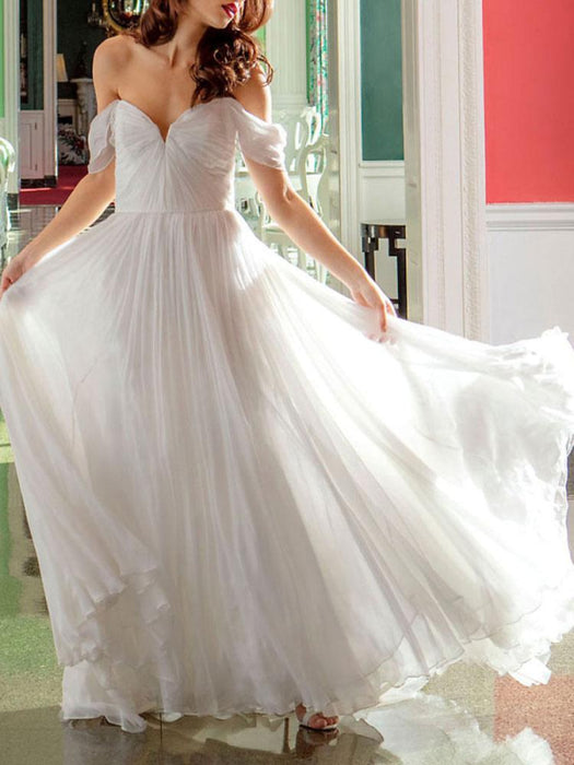 White Bridal Dress A-line Bateau Natural Waistline Chiffon Back Zipper Floor Length Wedding Dress