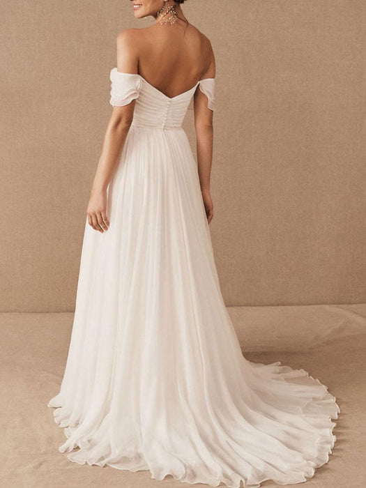 White Bridal Dress A-line Bateau Natural Waistline Chiffon Back Zipper Floor Length Wedding Dress