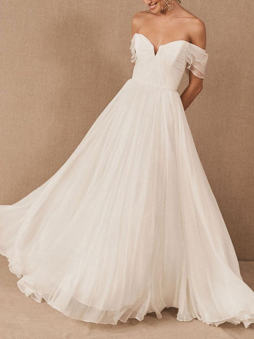 White Bridal Dress A-line Bateau Natural Waistline Chiffon Back Zipper Floor Length Wedding Dress