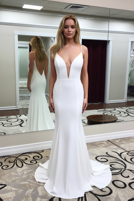 White Deep V Neck Mermaid Backless Prom Dress with Train