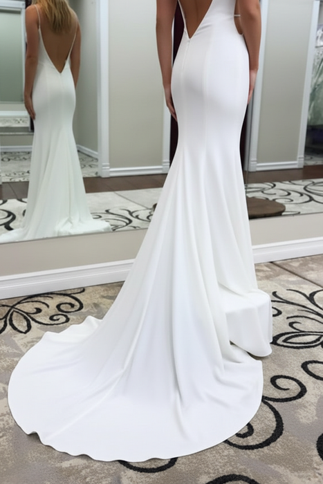 White Deep V Neck Mermaid Backless Prom Dress with Train