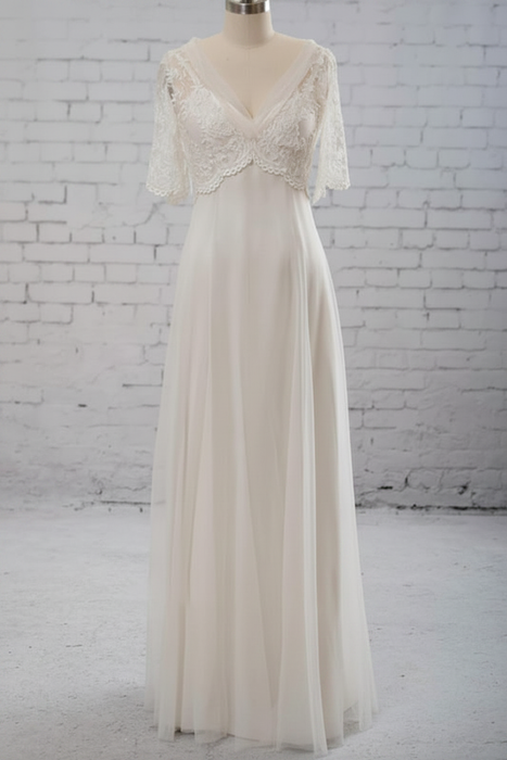 White Empire Waist V-neck Tulle A-line Wedding Dress