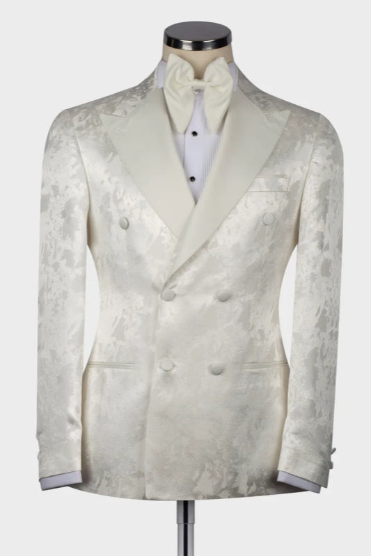 Popular White Jacquard Peaked Lapel Groom Suit Online