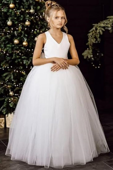 White Flower Girl Dress Satin Long Tulle dress Toddler Girl Christmas Dress with Bow First Communion Dresses - Same As Photo / 2-3y