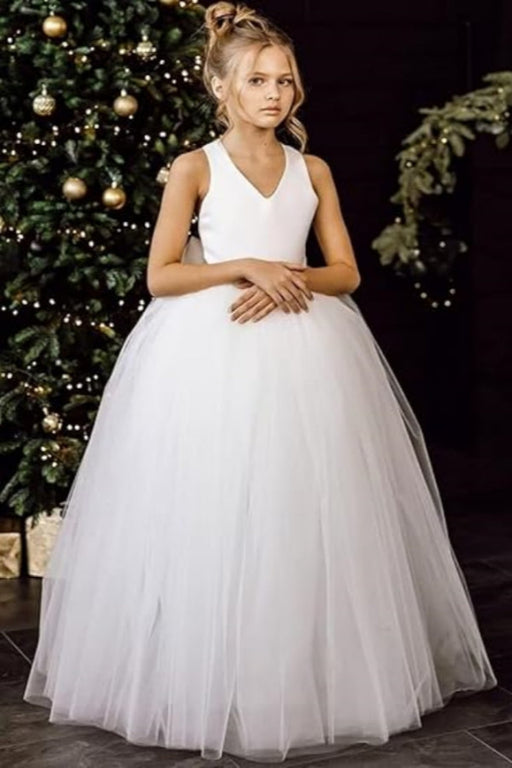 White Flower Girl Dress Satin Long Tulle dress Toddler Girl Christmas Dress with Bow First Communion Dresses - Same As Photo / 2-3y