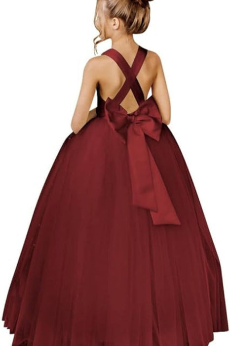 White Flower Girl Dress Satin Long Tulle dress Toddler Girl Christmas Dress with Bow First Communion Dresses - Flower Girl Dress