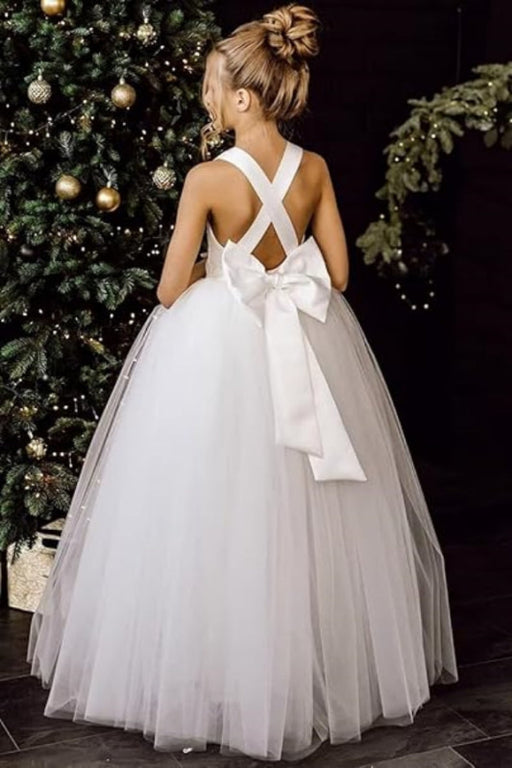 White Flower Girl Dress Satin Long Tulle dress Toddler Girl Christmas Dress with Bow First Communion Dresses - Flower Girl Dress