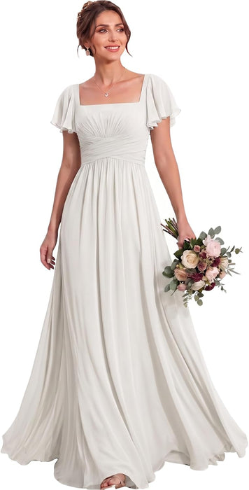 Bridelily Flutter Sleeves Square Neck Chiffon A-Line Bridesmaid Maxi Dress