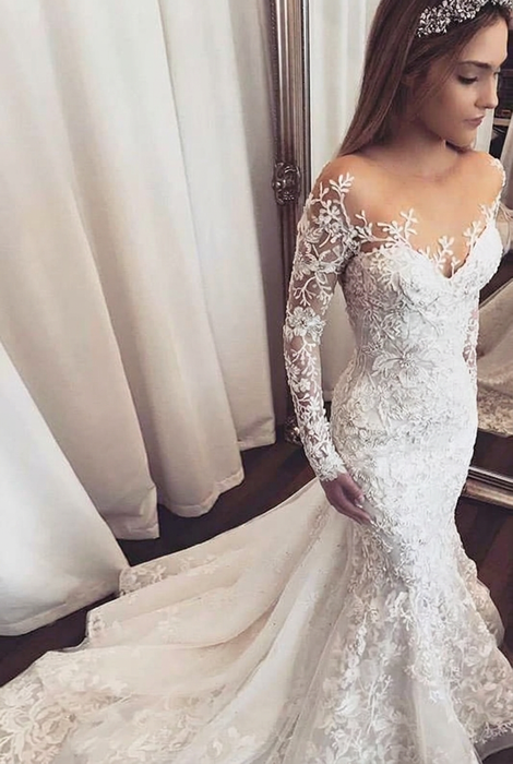 White Gorgeous Mermaid Illusion Long Sleeves Tulle Appliques Beach Wedding Dress