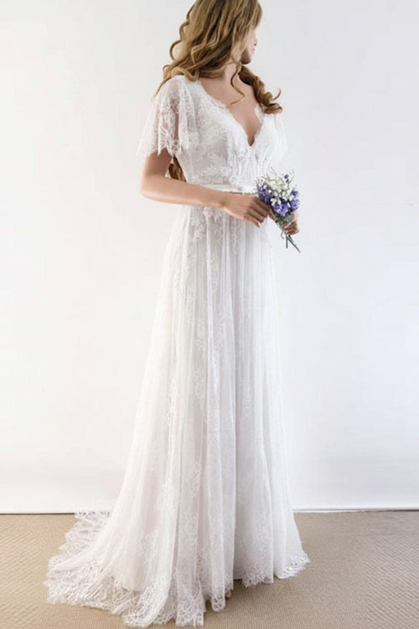 White Gorgeous V-Neck Cap Sleeves Lace Wedding Dresses - wedding dresses
