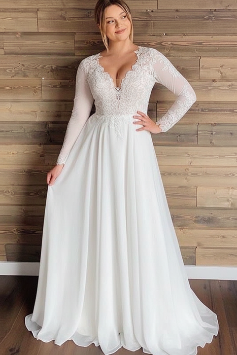 White Gorgeous V-Neck Long Sleeves Lace Ruffles Wedding Dresses - wedding dresses