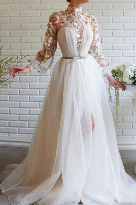 White High Collar Mermaid Evening Dress with Long Sleeves, Flowers, and Split