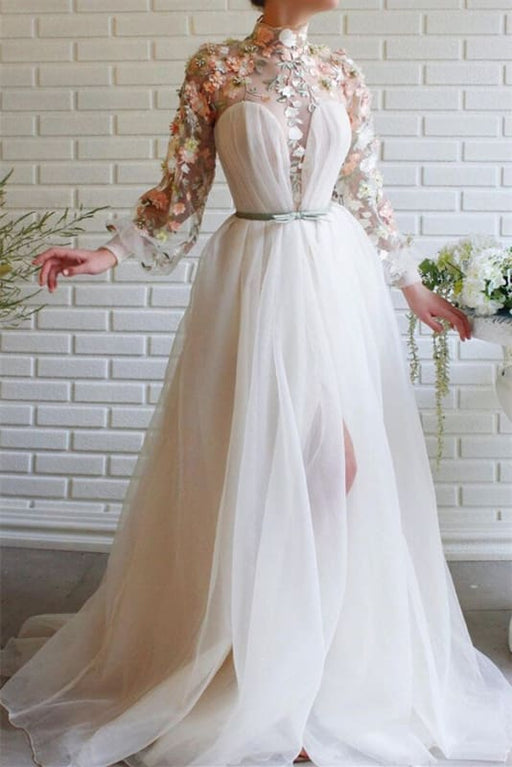 White High Collar Mermaid Evening Dress with Long Sleeves, Flowers, and Split