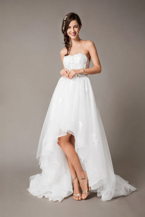 High Low Wedding Dresses Strapless Lace Tulle Bow Sash Asymmetrical Summer Beach Bridal Dress