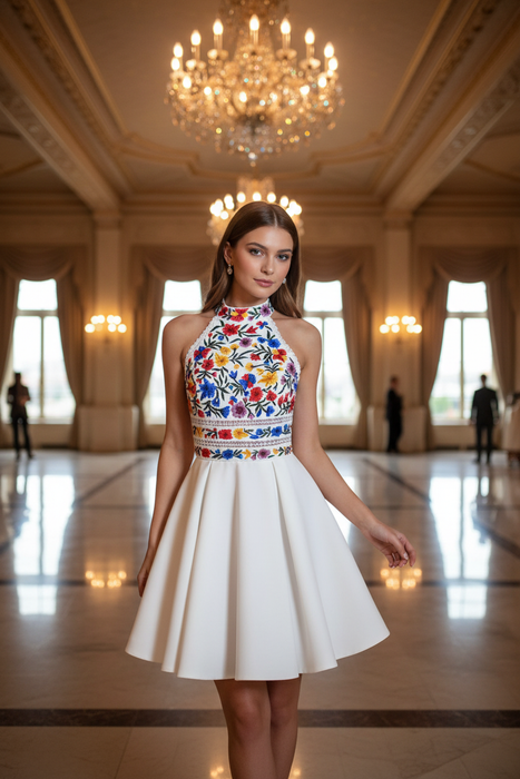 Unique White High Neck Prom Dresses A Line Sleeveless Short Homecoming Dress - Prom Dresses
