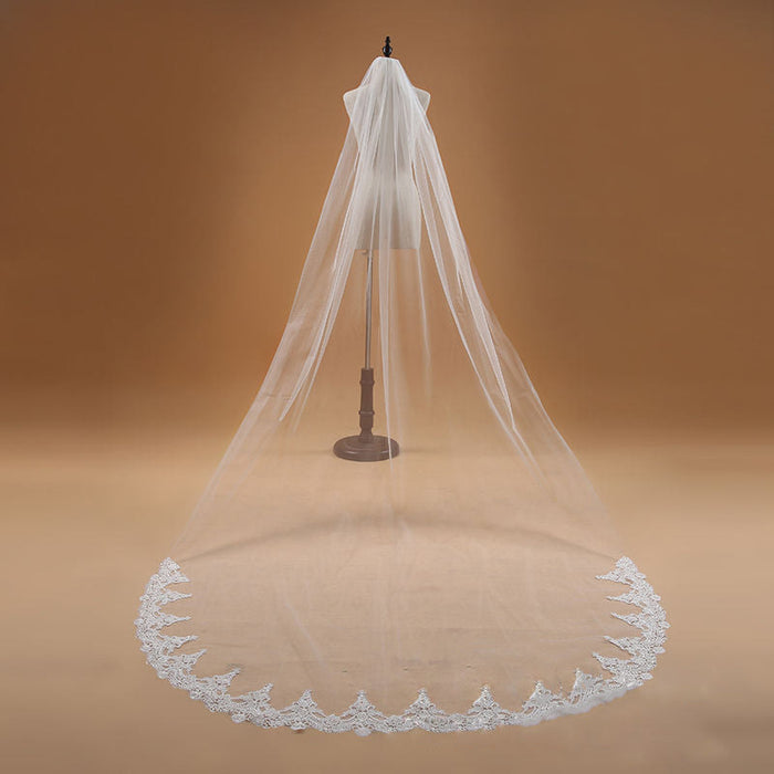 White Ivory Long Bridal Veil with Lace Appliques - One Size(Only can Buy 1 Per Person) - Wedding Veil