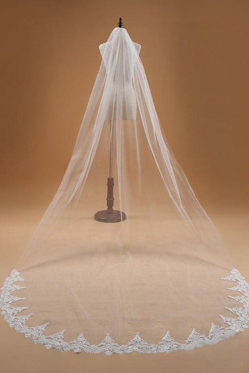 White Ivory Long Bridal Veil with Lace Appliques - One Size(Only can Buy 1 Per Person) - Wedding Veil