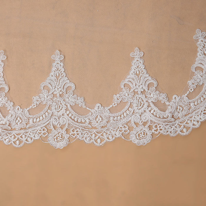 White Ivory Long Bridal Veil with Lace Appliques - One Size(Only can Buy 1 Per Person) - Wedding Veil