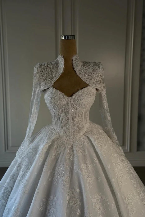 White Lace Ball Gown Wedding Dress with Long Sleeve Bolero Jacket