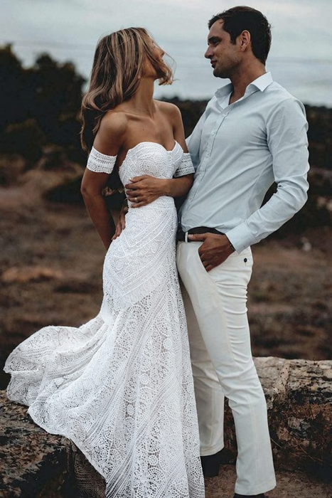 White Lace Beach Wedding Dresses Sweetheart Boho Wedding Dresses