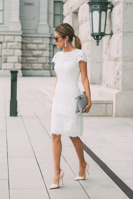 White Lace Formal Dresses Knee Length Mother of the Bride Dress Cap Sleeves