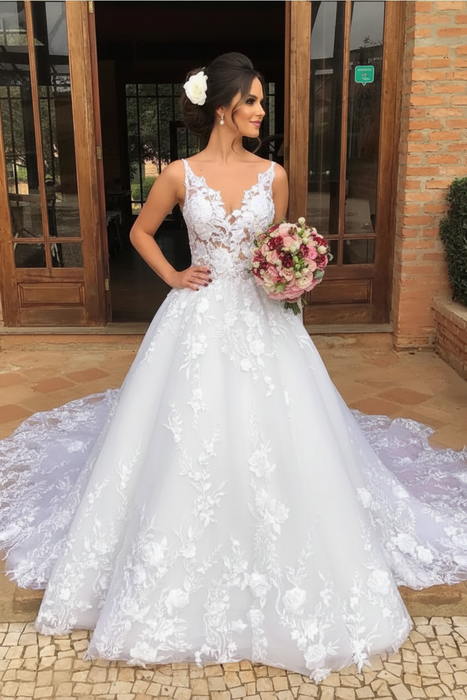 White V Neck Lace Aline Wedding Dress