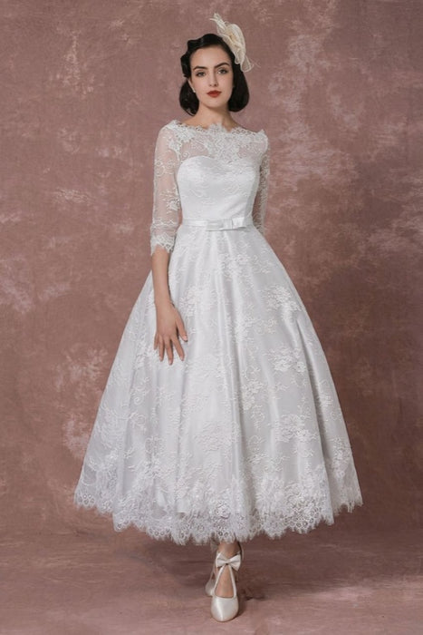 Vintage Champagne Lace Wedding Dress - Bateau Neck Half Sleeve Tea Length Bridal Gown
