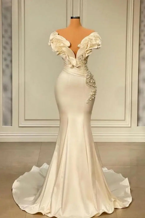 Long Pearl Ruffle Evening Dresses Floor Length Prom Dress-Bridelily Long Pearl Ruffle Evening Dresses Floor Length Prom Dress-Bridelily