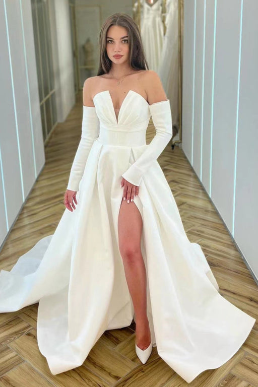 White Long Sleeve V-Neck A-Line Prom Dress With Split