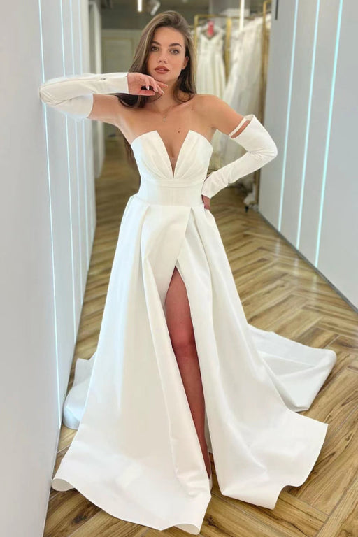 White Long Sleeve V-Neck A-Line Prom Dress With Split