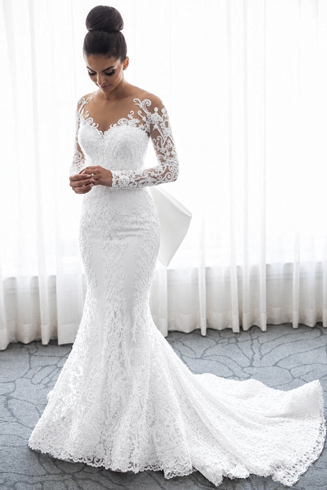 White Long Sleeves Lace Mermaid Wedding Dresses - wedding dresses