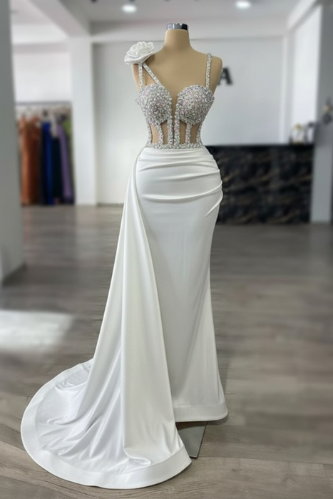White Luxury Glitter Rinstones Mermaid Prom Dresses Sleeveless with Sweep Train - Prom Dresses