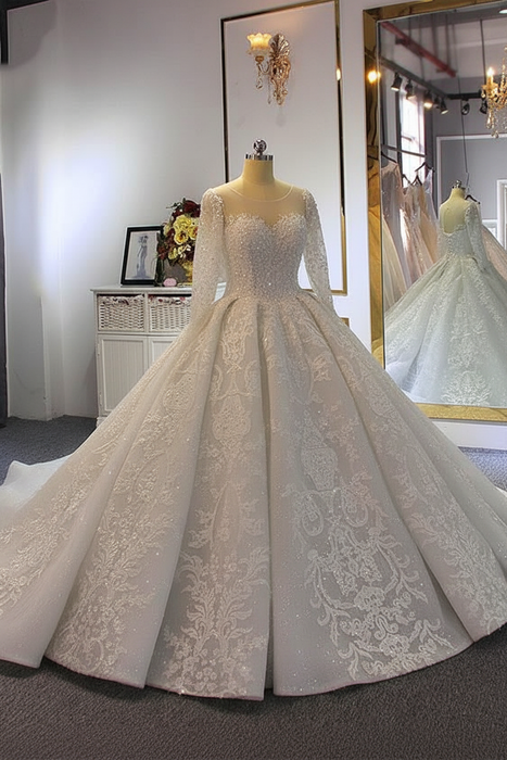 White Luxury O-Neck Long Sleeves Lace- Up Ball Gown wedding Dresses - wedding dresses